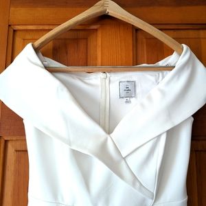 Elegant white semi formal off the shoulder pants suit.  DB Studio size 8